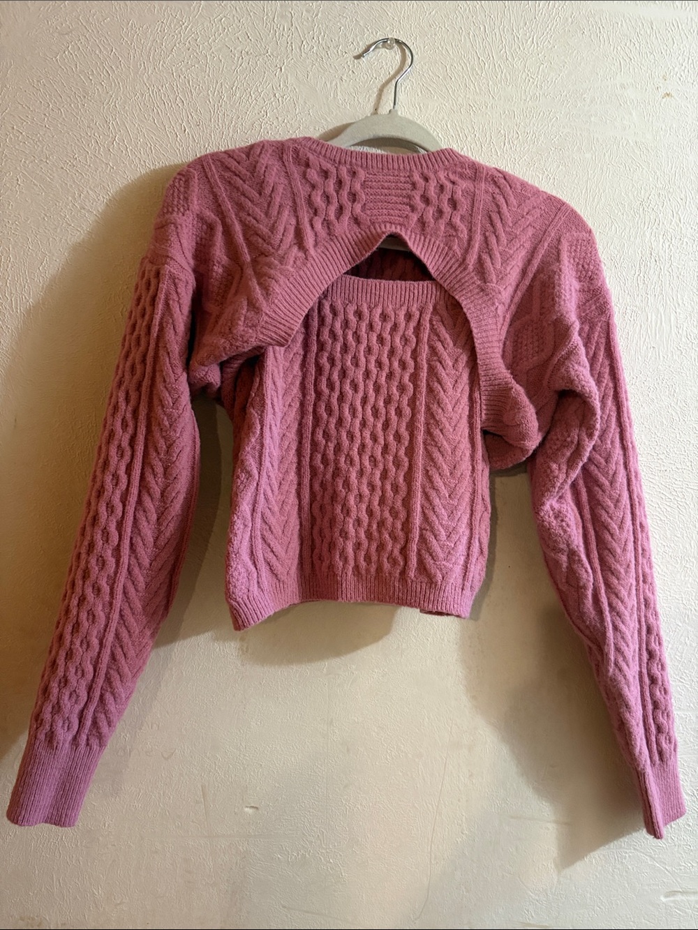 Francesca's Collections Rose Pink Off-Shoulder Cable Knit Sweater